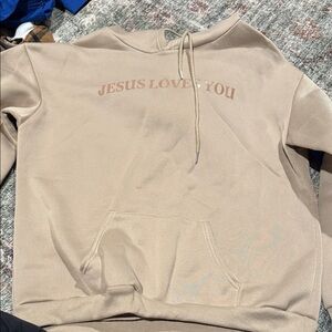 Beige 'Jesus Loves You' Pullover Hoodie